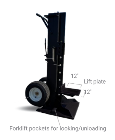 Field Lift Pro™ hydraulic lifting deck on uneven terrain, showing its stability, forklift compatibility, and suitability for small to large modules.